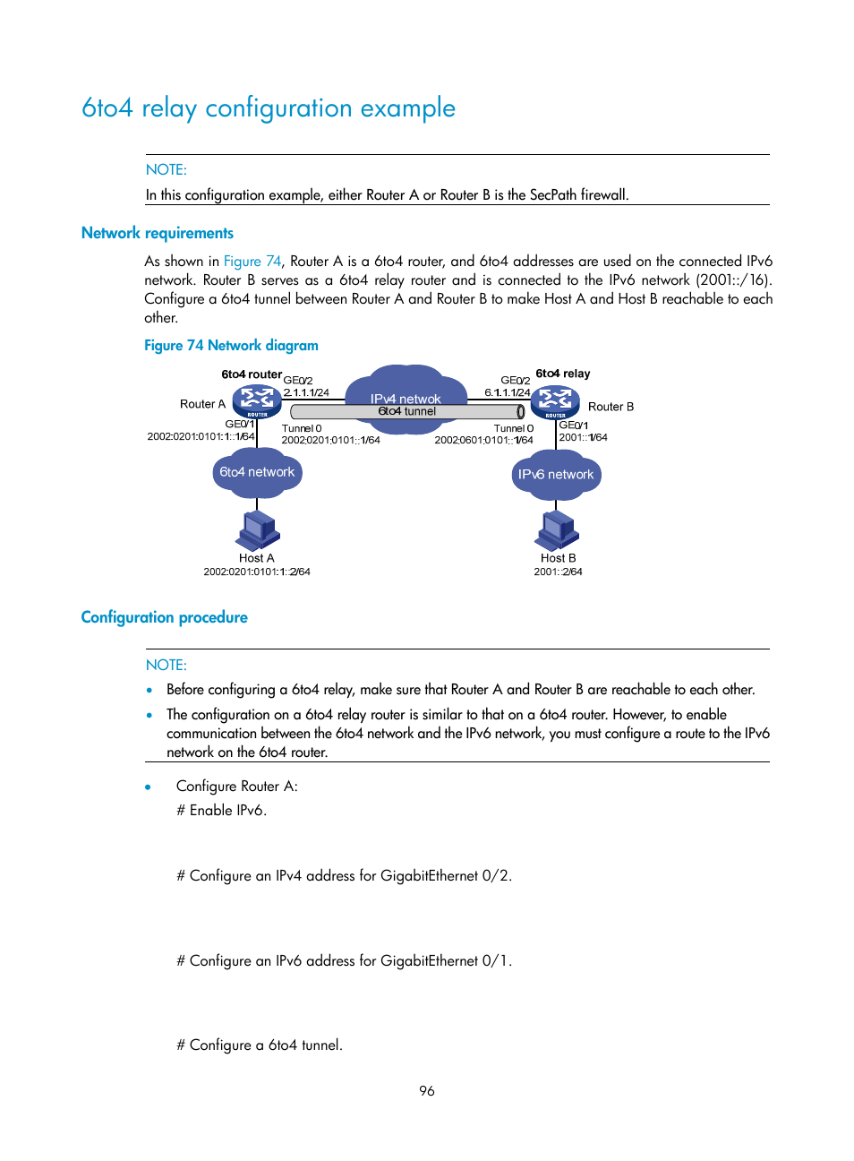 6to4 relay configuration example, Network requirements, Configuration procedure | H3C Technologies H3C SecPath F1000-E User Manual | Page 108 / 490