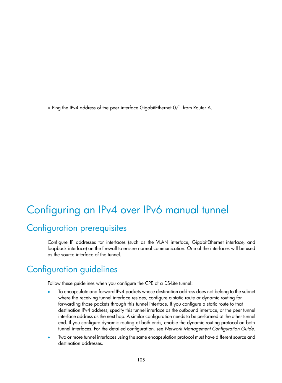 Configuring an ipv4 over ipv6 manual tunnel, Configuration prerequisites, Configuration guidelines | H3C Technologies H3C SecPath F1000-E User Manual | Page 117 / 490