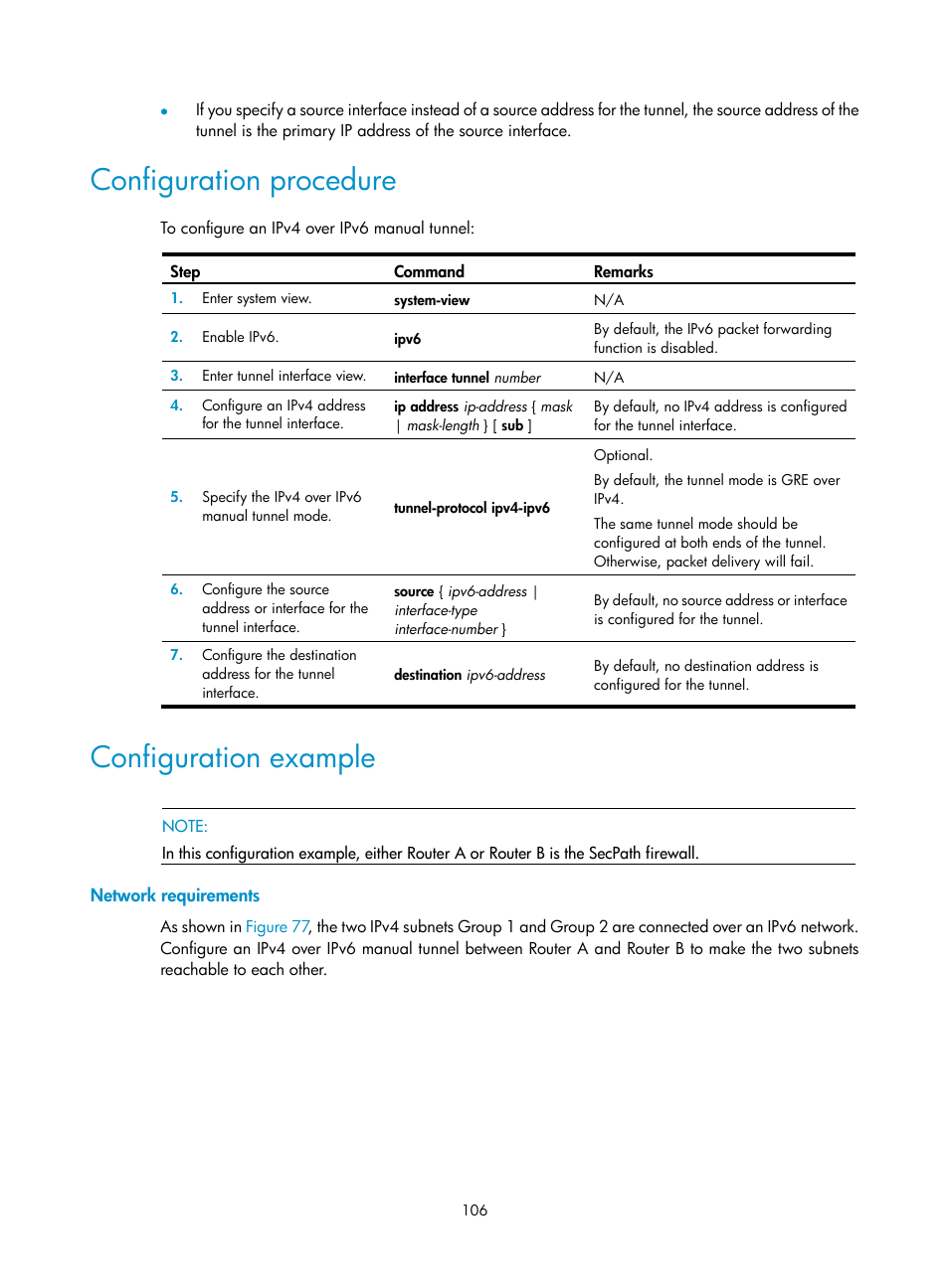 Configuration procedure, Configuration example, Network requirements | H3C Technologies H3C SecPath F1000-E User Manual | Page 118 / 490