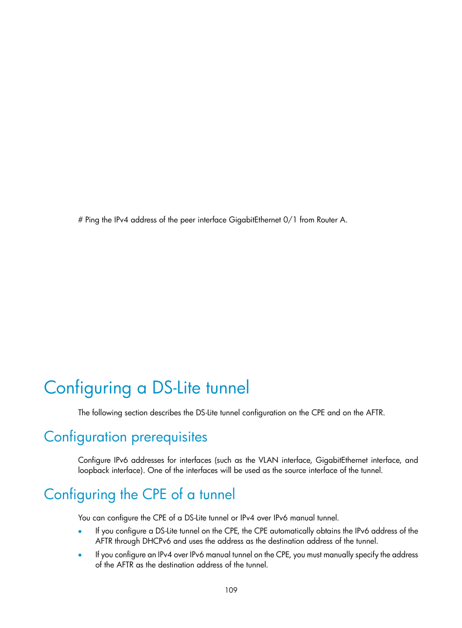 Configuring a ds-lite tunnel, Configuration prerequisites, Configuring the cpe of a tunnel | H3C Technologies H3C SecPath F1000-E User Manual | Page 121 / 490