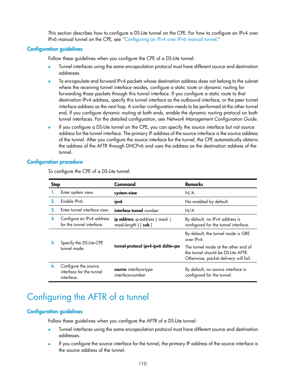 Configuration guidelines, Configuration procedure, Configuring the aftr of a tunnel | H3C Technologies H3C SecPath F1000-E User Manual | Page 122 / 490