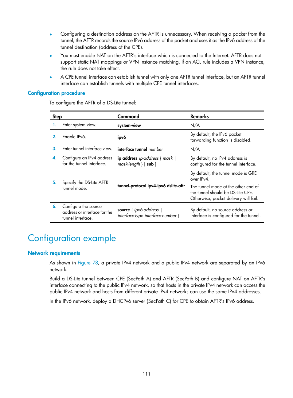 Configuration procedure, Configuration example, Network requirements | H3C Technologies H3C SecPath F1000-E User Manual | Page 123 / 490