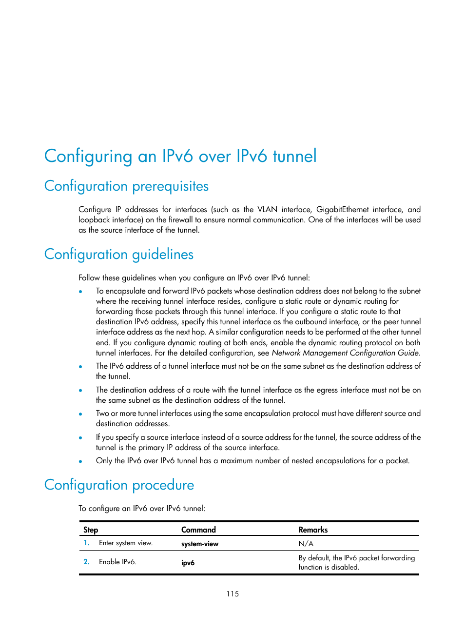 Configuring an ipv6 over ipv6 tunnel, Configuration prerequisites, Configuration guidelines | Configuration procedure | H3C Technologies H3C SecPath F1000-E User Manual | Page 127 / 490