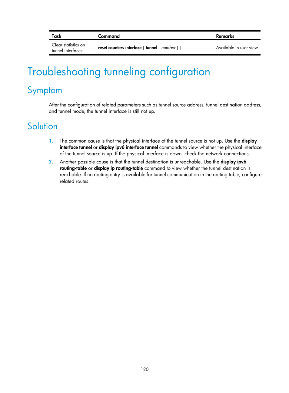 Troubleshooting tunneling configuration, Symptom, Solution | H3C Technologies H3C SecPath F1000-E User Manual | Page 132 / 490