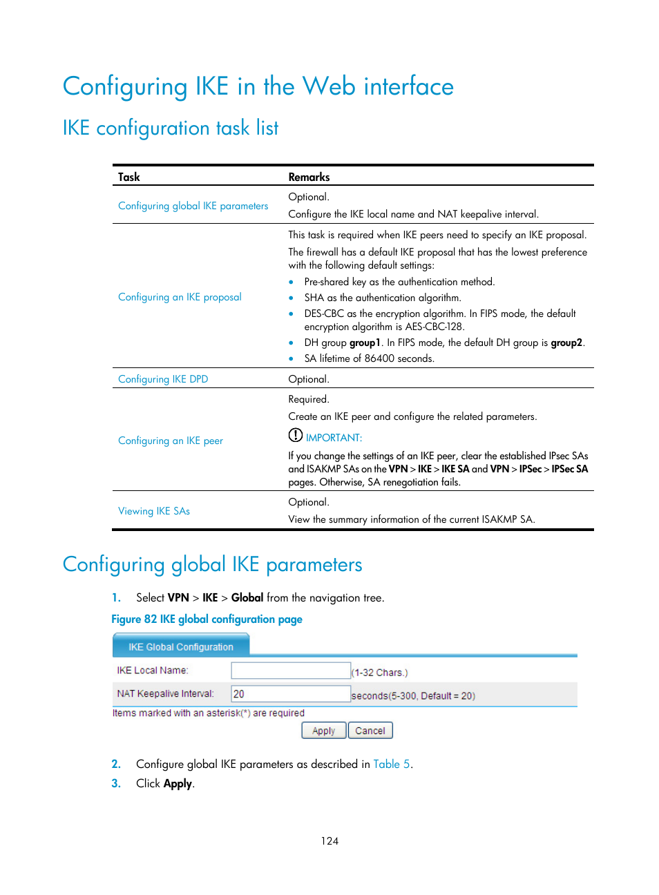 Configuring ike in the web interface, Ike configuration task list, Configuring global ike parameters | H3C Technologies H3C SecPath F1000-E User Manual | Page 136 / 490