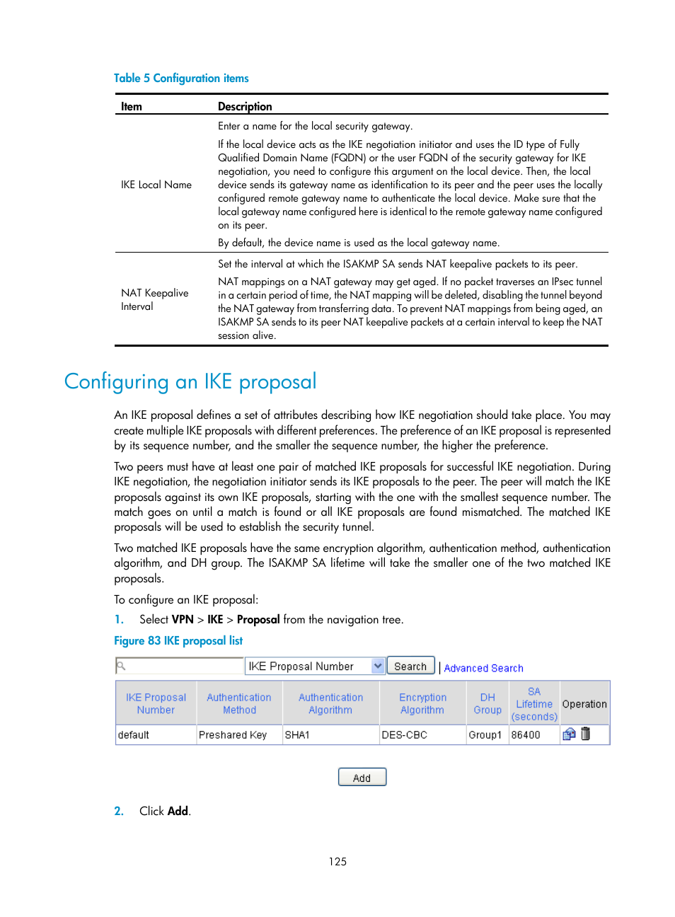 Configuring an ike proposal, Table 5 | H3C Technologies H3C SecPath F1000-E User Manual | Page 137 / 490