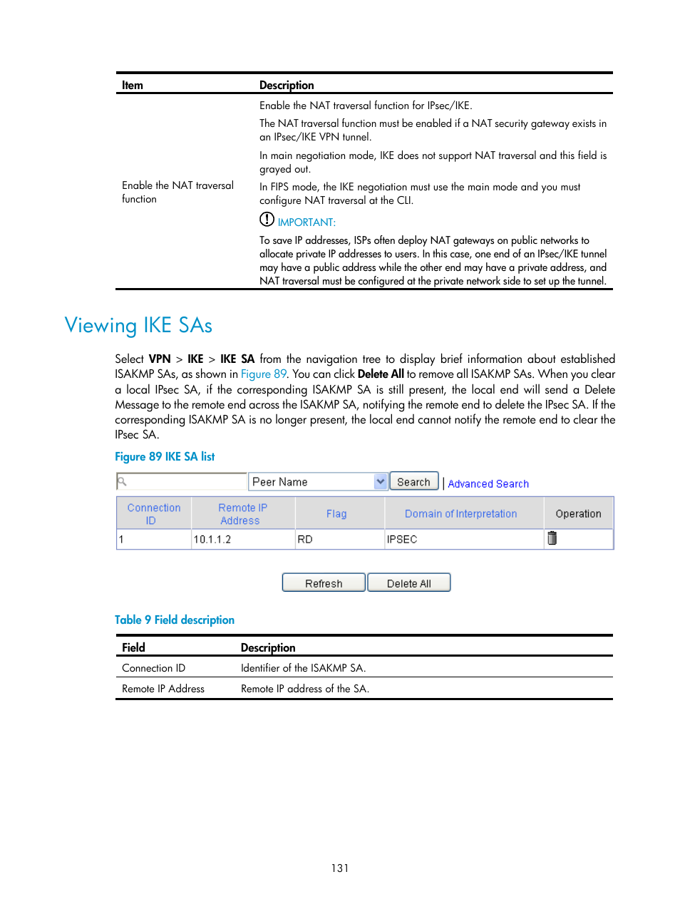 Viewing ike sas | H3C Technologies H3C SecPath F1000-E User Manual | Page 143 / 490