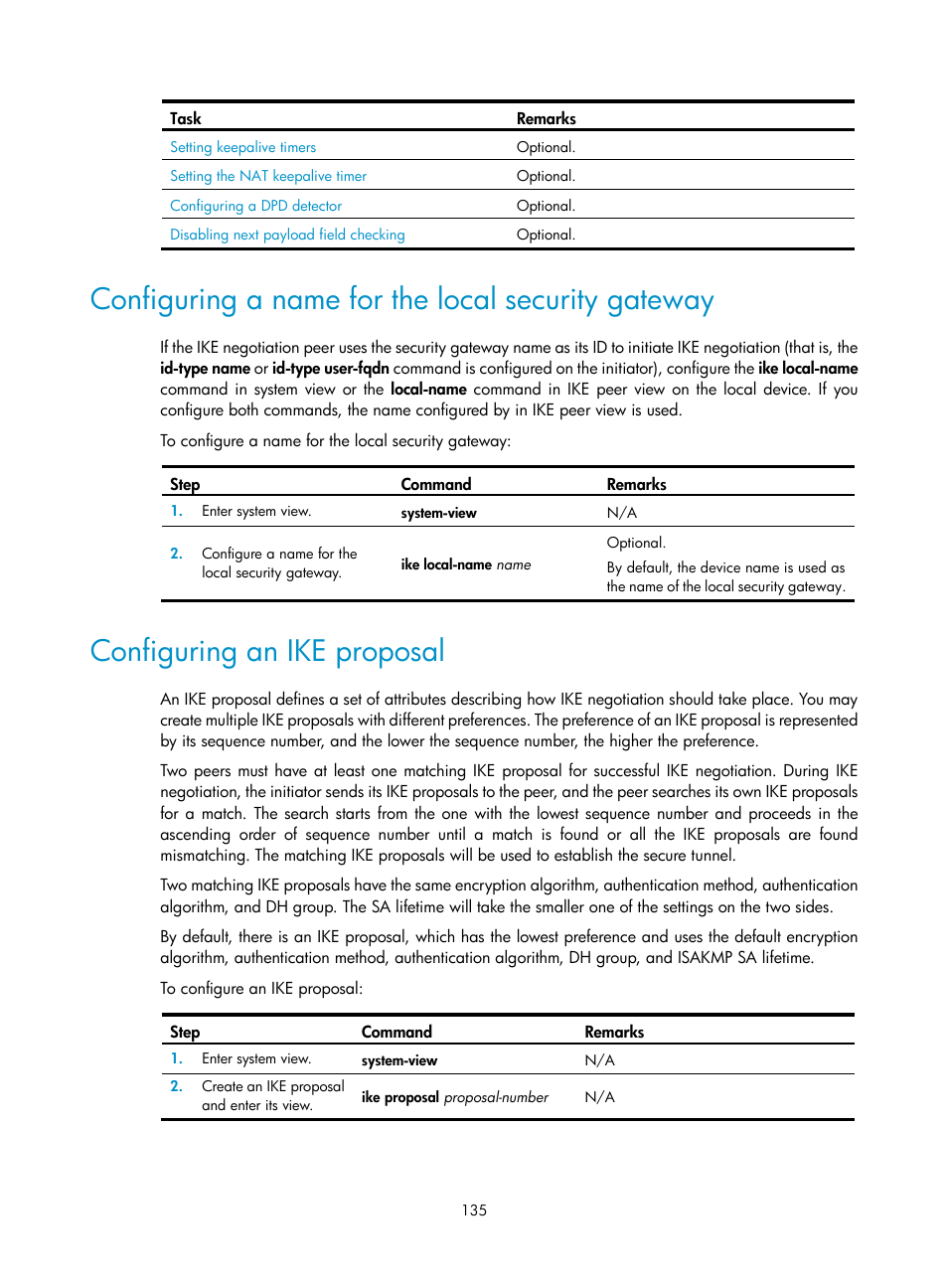 Configuring a name for the local security gateway, Configuring an ike proposal | H3C Technologies H3C SecPath F1000-E User Manual | Page 147 / 490