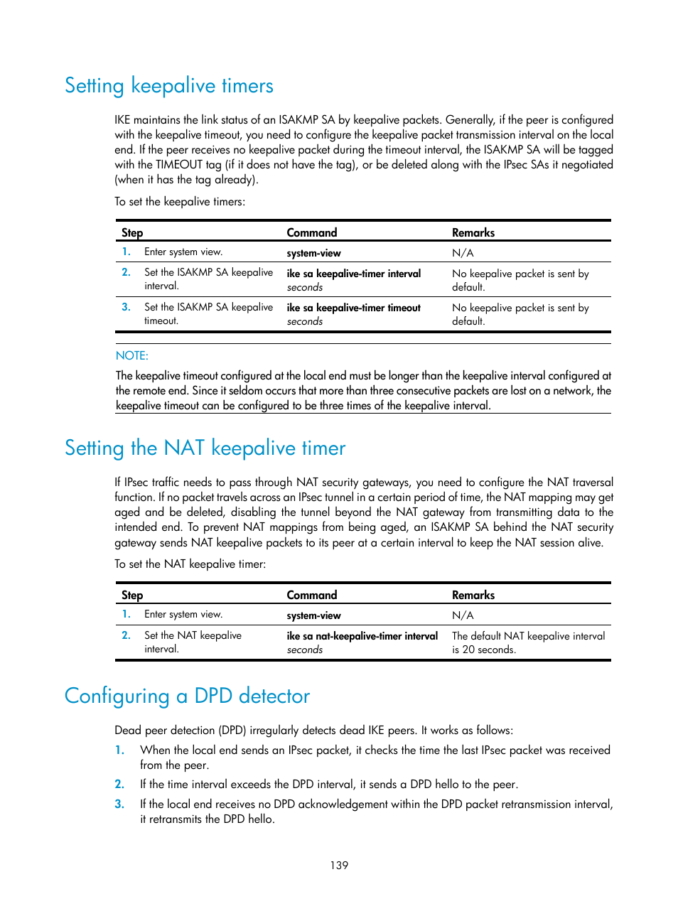 Setting keepalive timers, Setting the nat keepalive timer, Configuring a dpd detector | H3C Technologies H3C SecPath F1000-E User Manual | Page 151 / 490