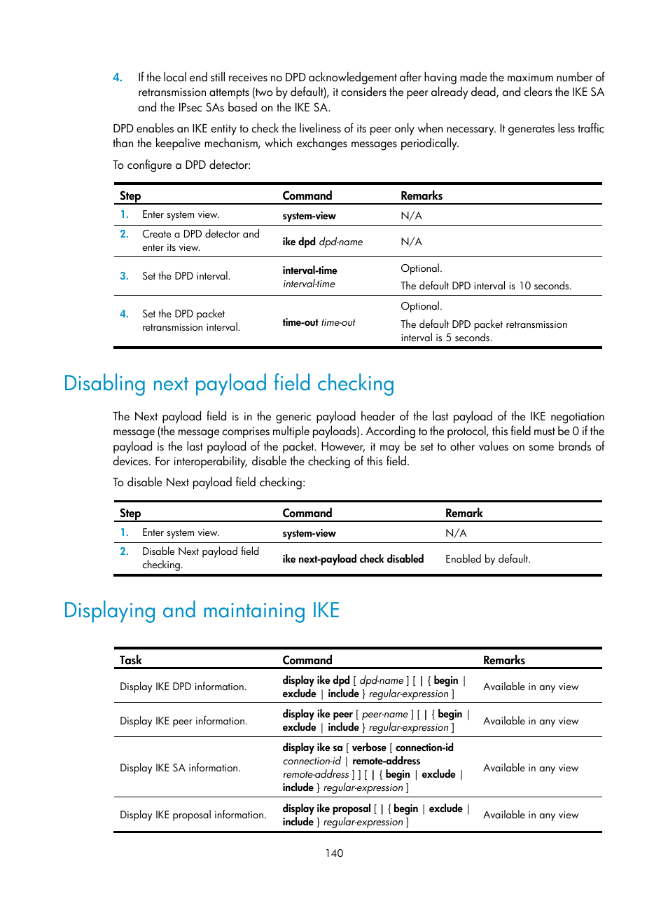 Disabling next payload field checking, Displaying and maintaining ike | H3C Technologies H3C SecPath F1000-E User Manual | Page 152 / 490