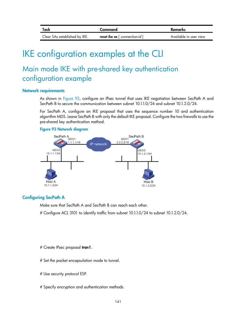 Ike configuration examples at the cli, Network requirements, Configuring secpath a | H3C Technologies H3C SecPath F1000-E User Manual | Page 153 / 490