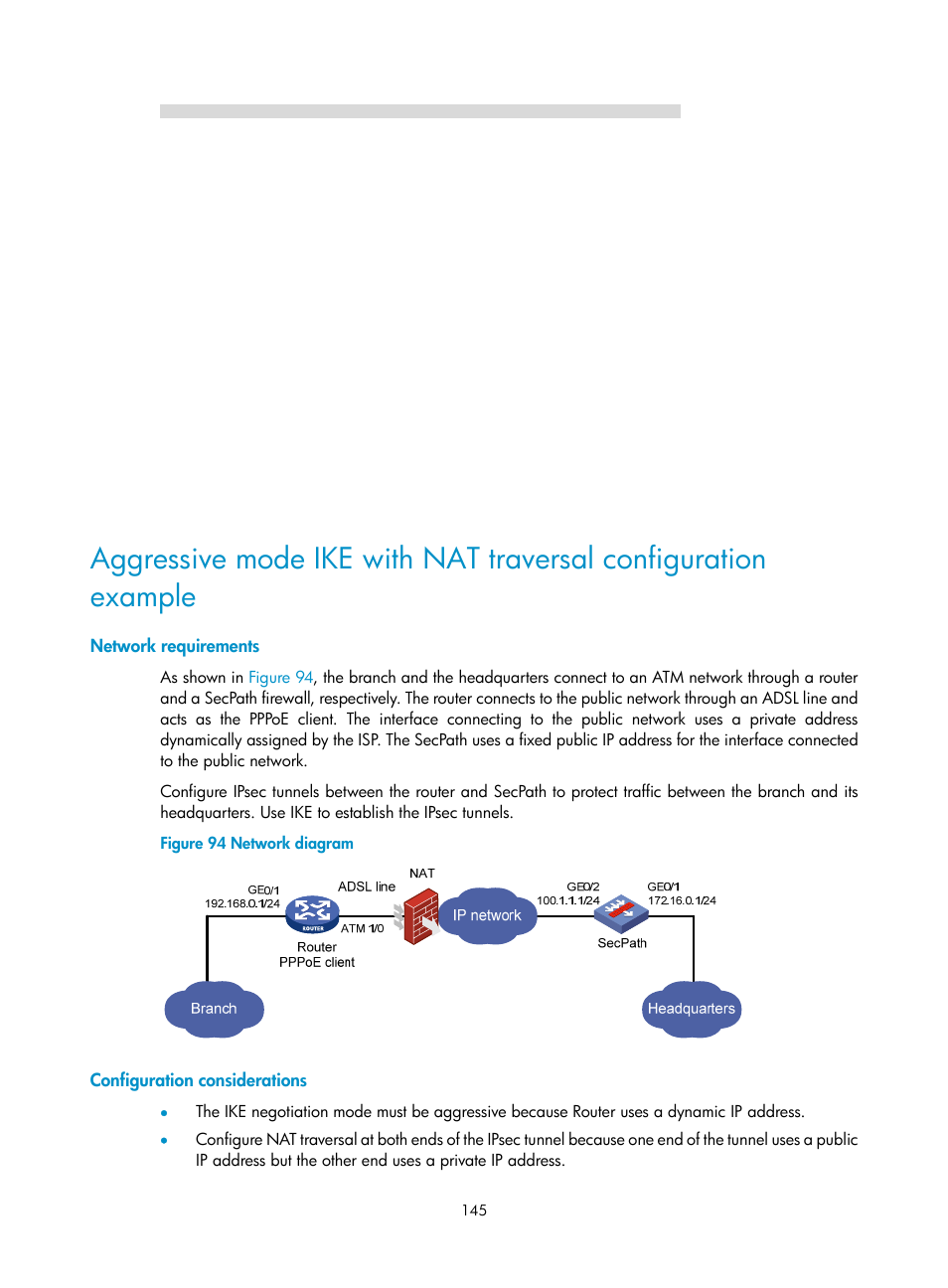 Network requirements, Configuration considerations | H3C Technologies H3C SecPath F1000-E User Manual | Page 157 / 490