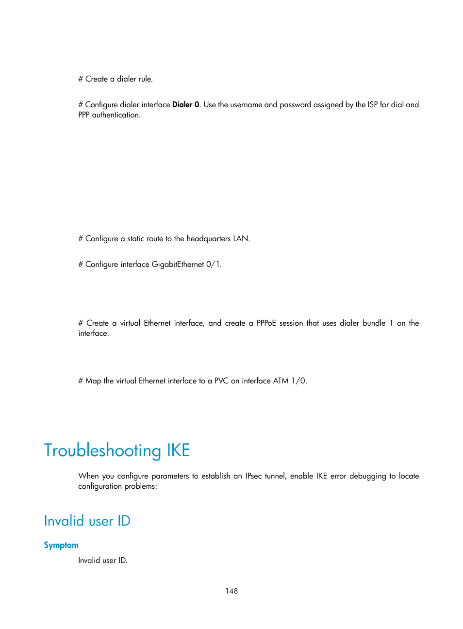 Troubleshooting ike, Invalid user id, Symptom | H3C Technologies H3C SecPath F1000-E User Manual | Page 160 / 490