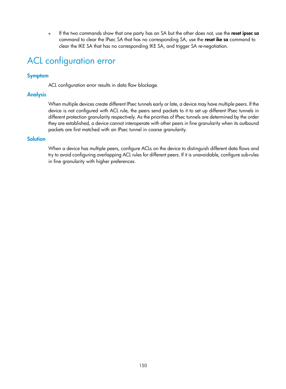 Acl configuration error, Symptom, Analysis | Solution | H3C Technologies H3C SecPath F1000-E User Manual | Page 162 / 490