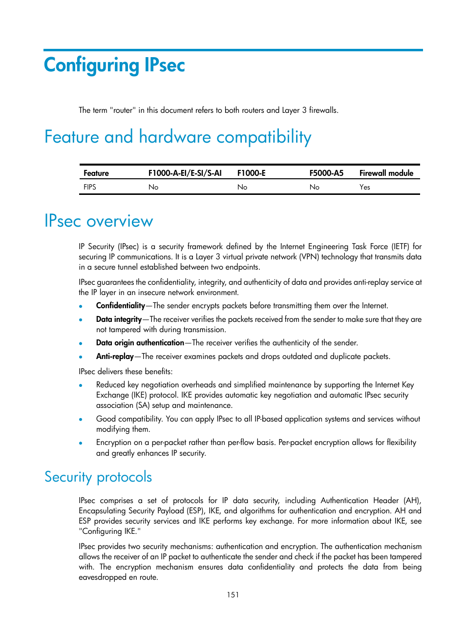 Configuring ipsec, Feature and hardware compatibility, Ipsec overview | Security protocols | H3C Technologies H3C SecPath F1000-E User Manual | Page 163 / 490