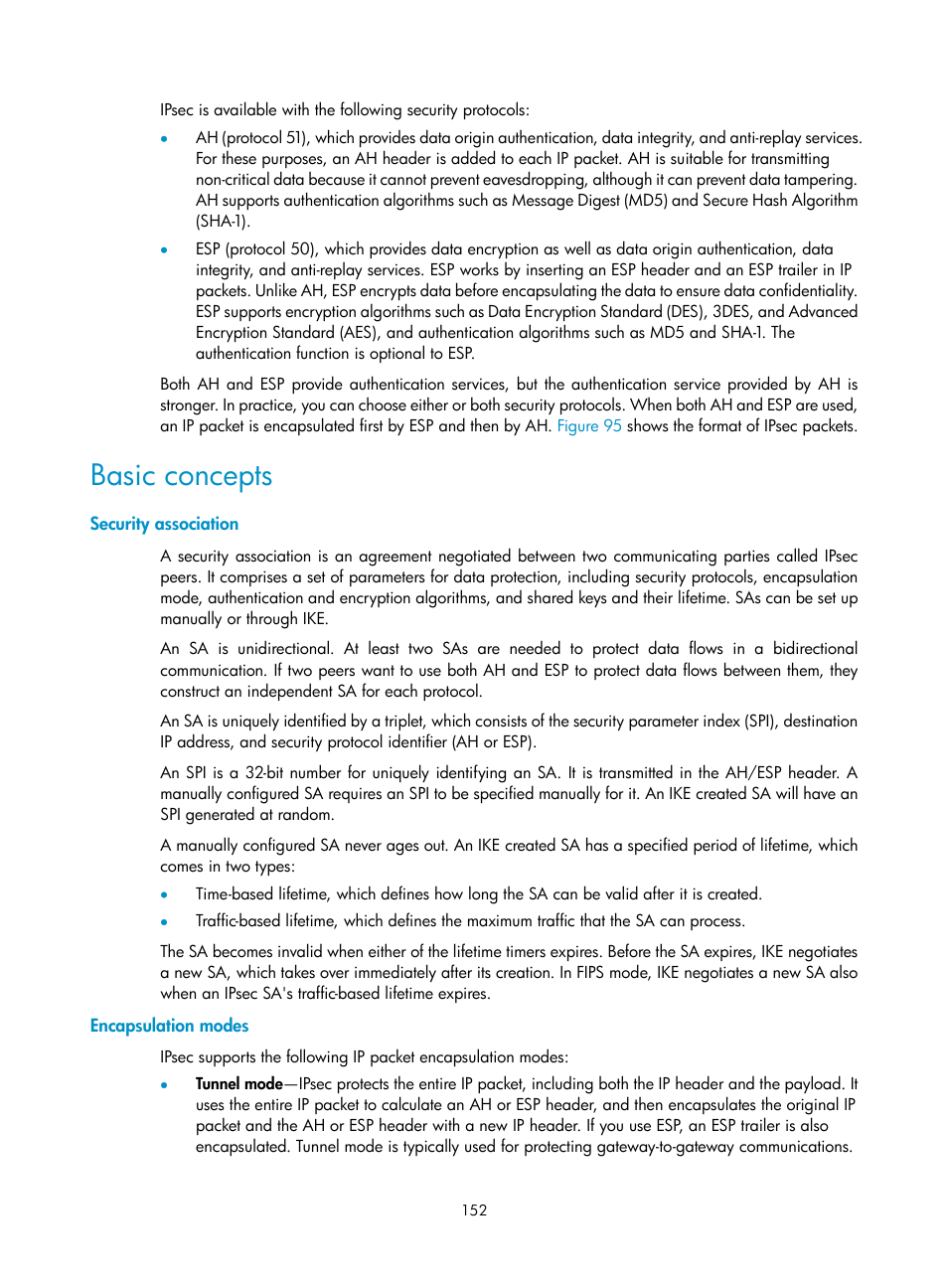 Basic concepts, Security association, Encapsulation modes | H3C Technologies H3C SecPath F1000-E User Manual | Page 164 / 490