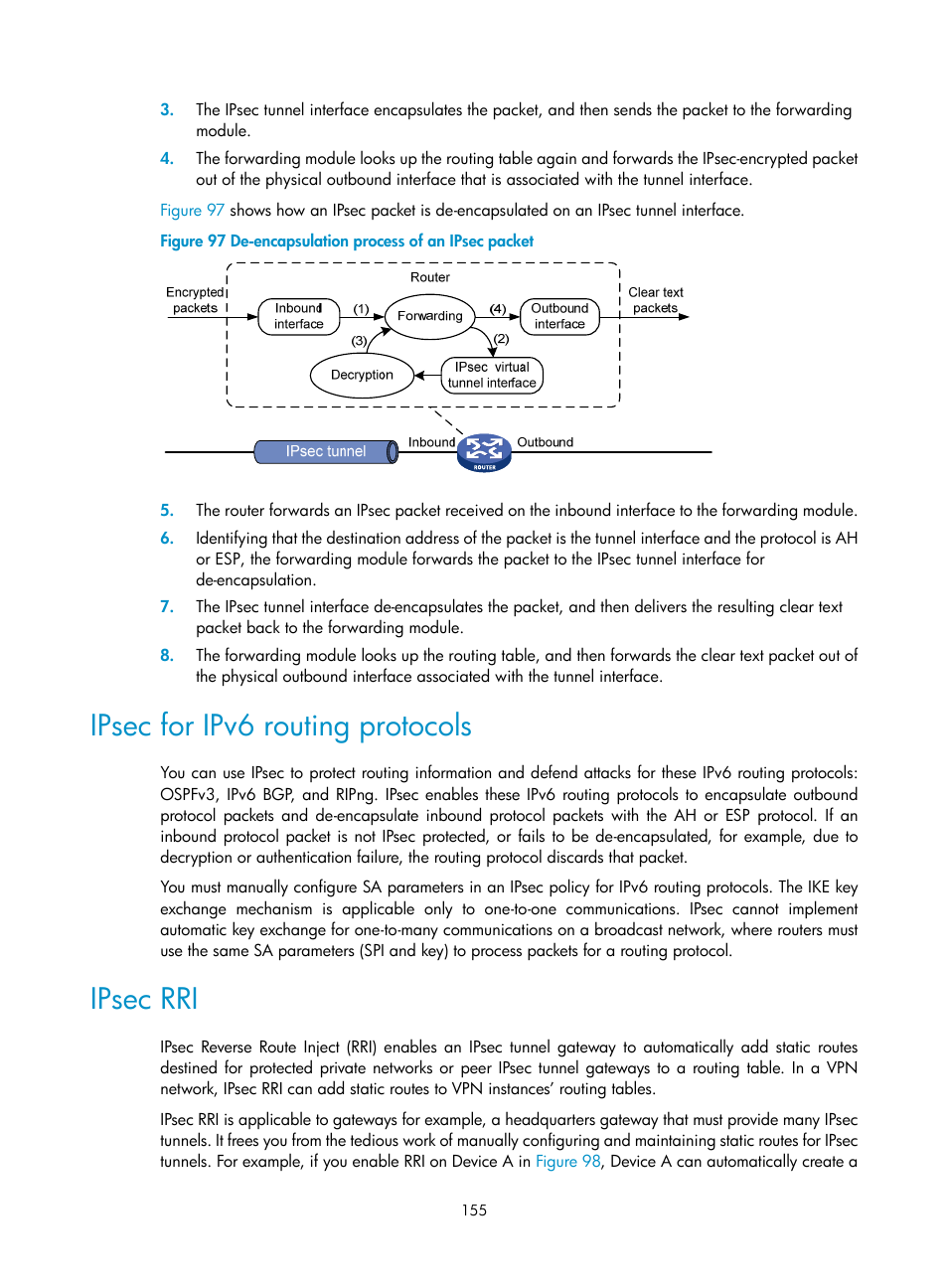 Ipsec for ipv6 routing protocols, Ipsec rri | H3C Technologies H3C SecPath F1000-E User Manual | Page 167 / 490