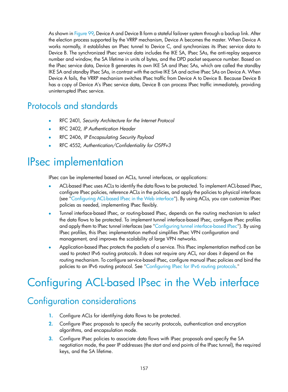 Protocols and standards, Ipsec implementation, Configuring acl-based ipsec in the web interface | Configuration considerations | H3C Technologies H3C SecPath F1000-E User Manual | Page 169 / 490