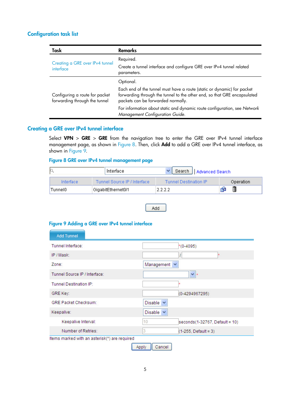 Configuration task list, Creating a gre over ipv4 tunnel interface | H3C Technologies H3C SecPath F1000-E User Manual | Page 17 / 490