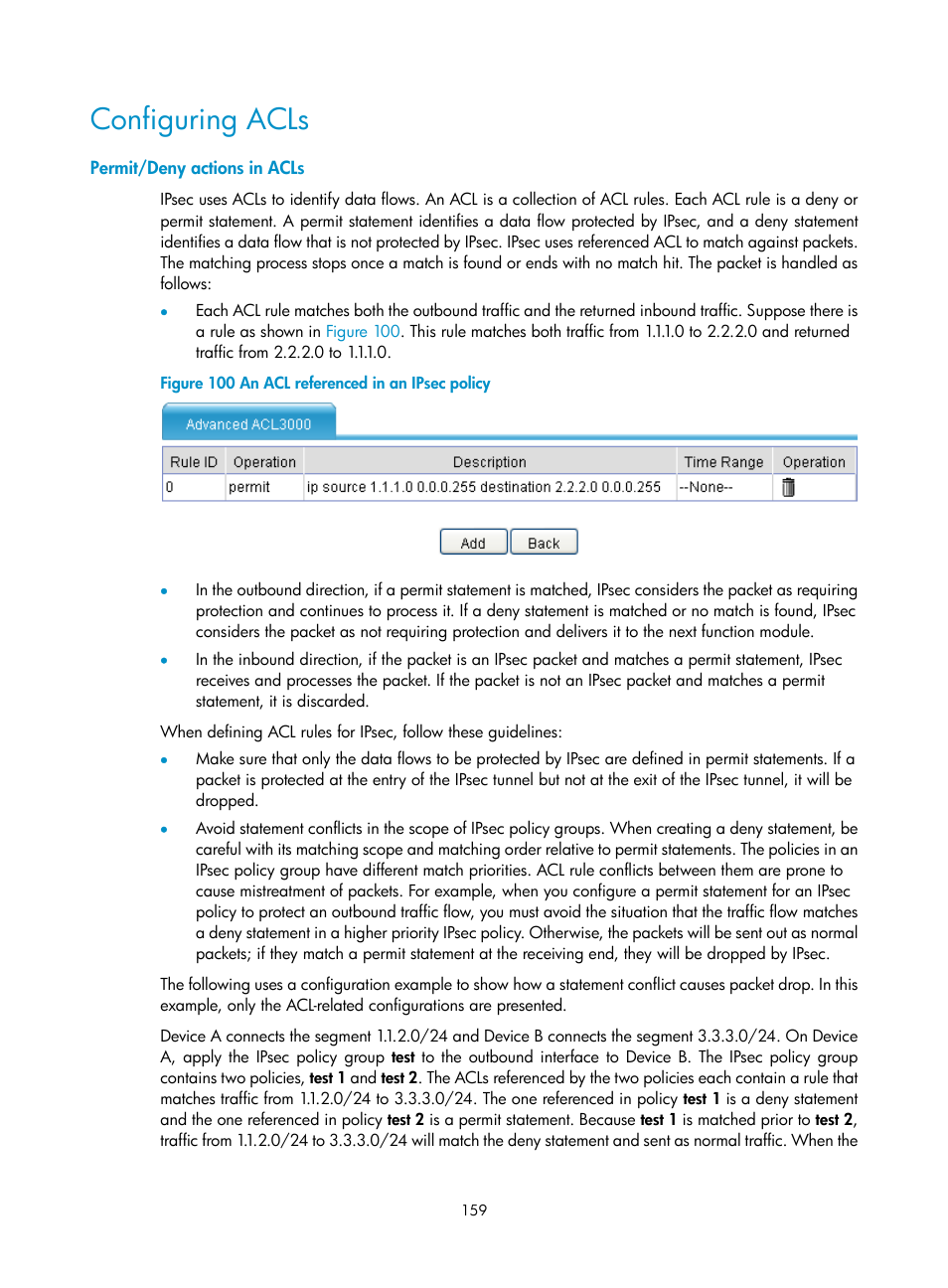 Configuring acls, Permit/deny actions in acls | H3C Technologies H3C SecPath F1000-E User Manual | Page 171 / 490