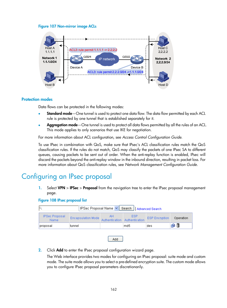 Protection modes, Configuring an ipsec proposal, Configuring an ipsec | Proposal, Figure 107, The r, N in | H3C Technologies H3C SecPath F1000-E User Manual | Page 174 / 490