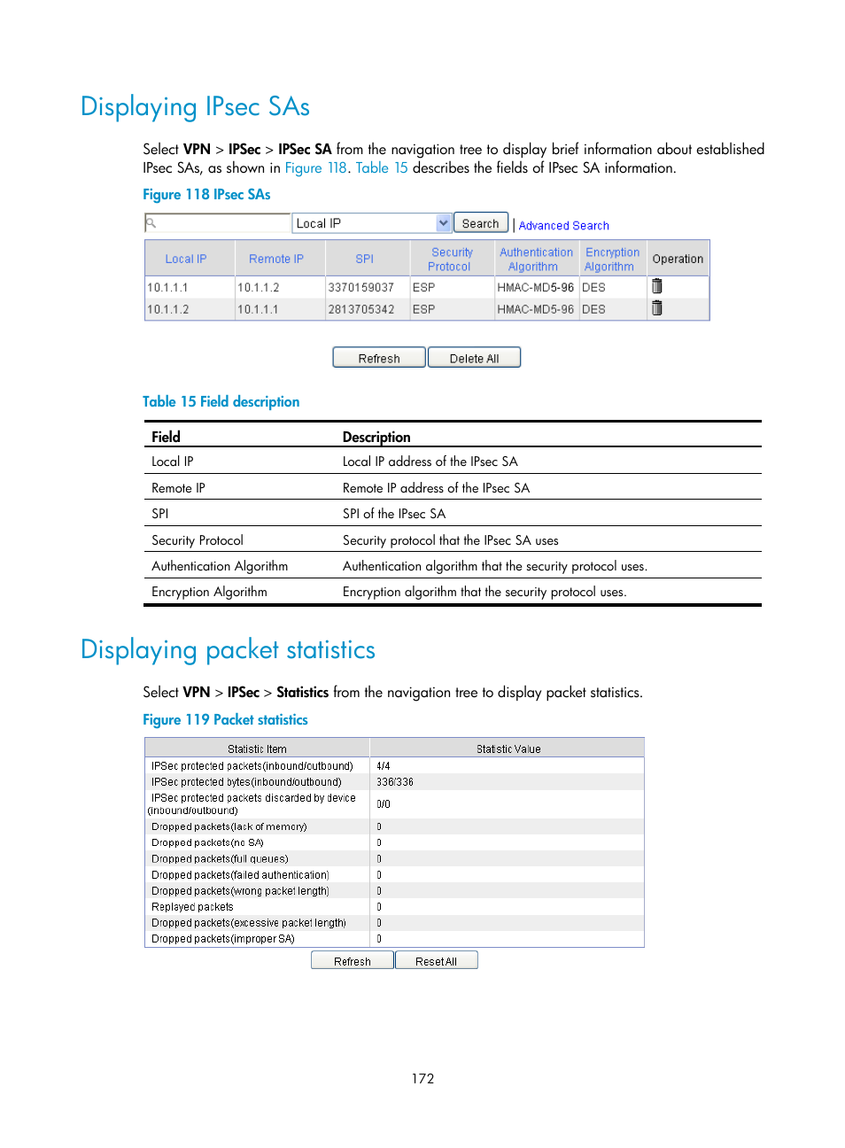 Displaying ipsec sas, Displaying packet statistics, Displaying packet | Statistics | H3C Technologies H3C SecPath F1000-E User Manual | Page 184 / 490