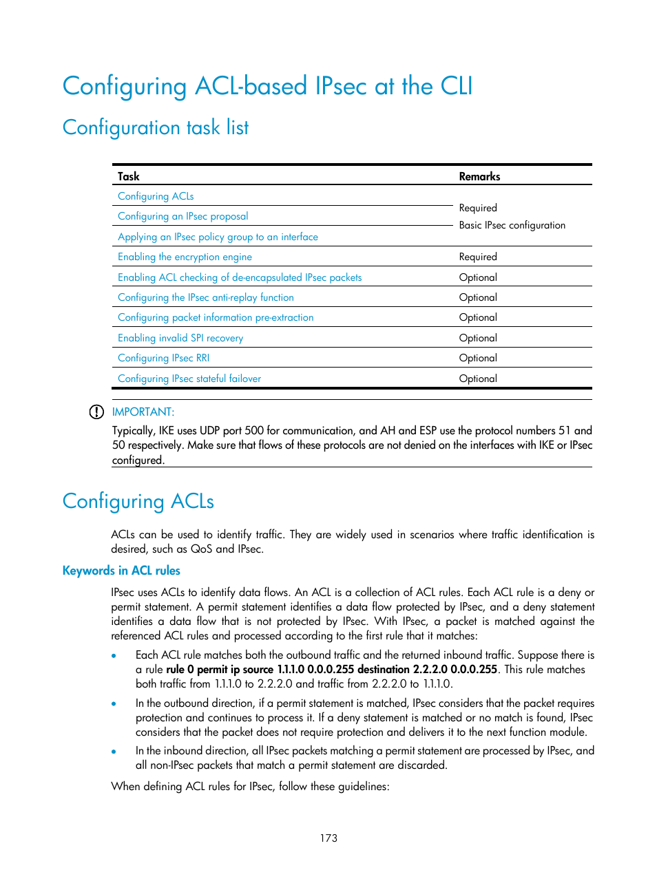 Configuring acl-based ipsec at the cli, Configuration task list, Configuring acls | Keywords in acl rules | H3C Technologies H3C SecPath F1000-E User Manual | Page 185 / 490