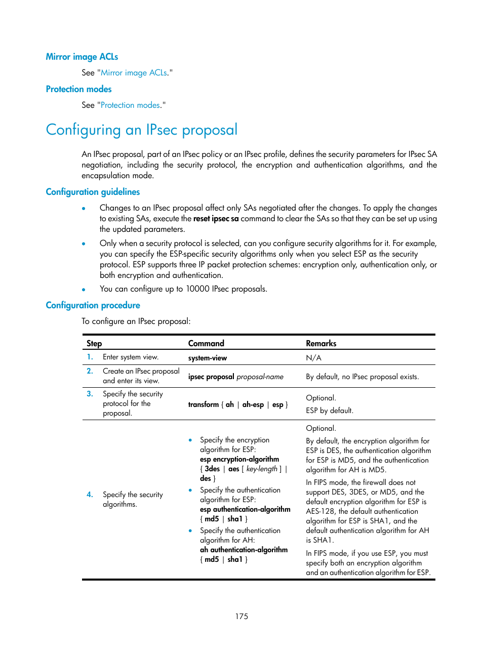 Mirror image acls, Protection modes, Configuring an ipsec proposal | Configuration guidelines, Configuration procedure | H3C Technologies H3C SecPath F1000-E User Manual | Page 187 / 490