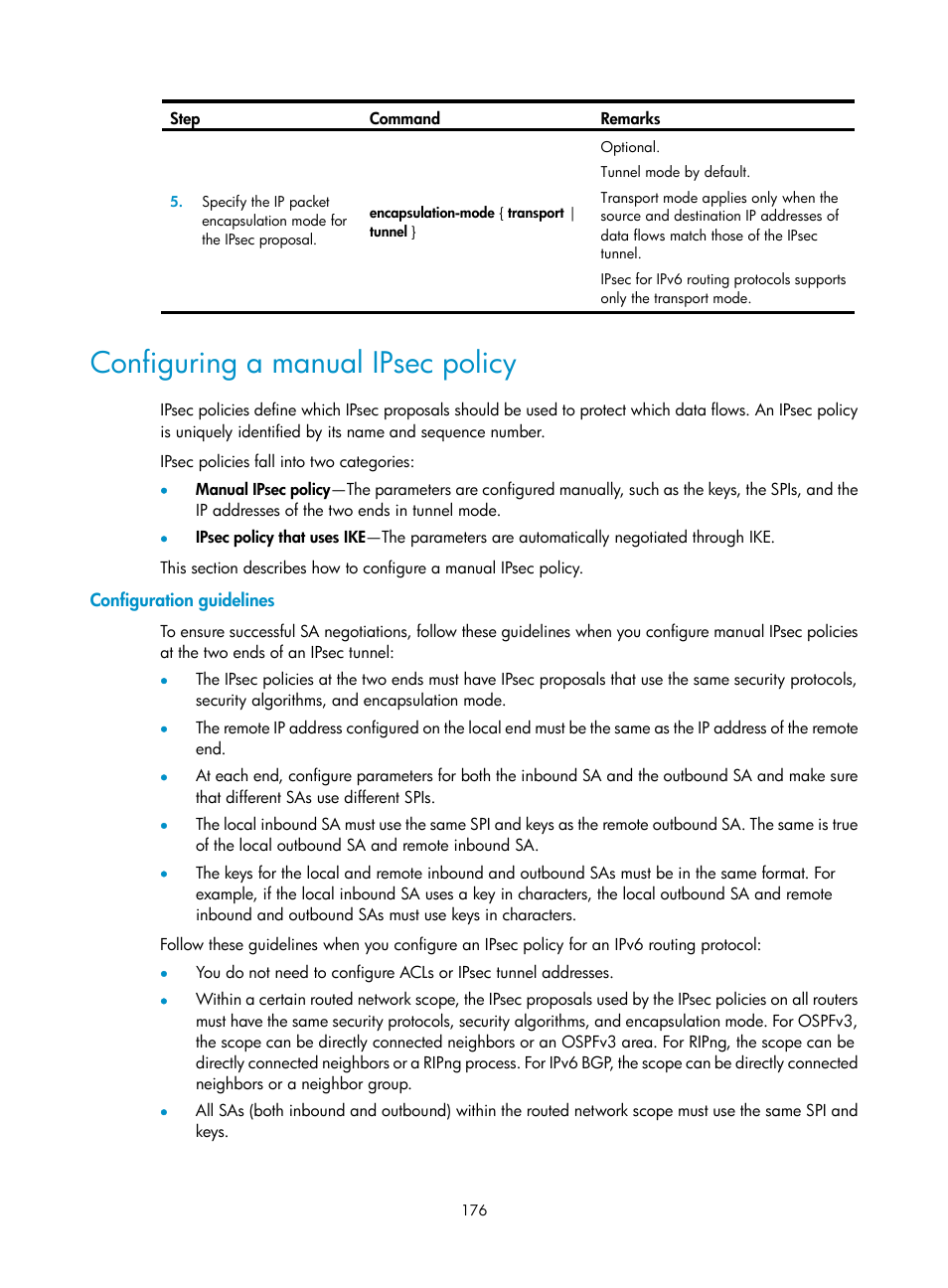 Configuring a manual ipsec policy, Configuration guidelines | H3C Technologies H3C SecPath F1000-E User Manual | Page 188 / 490