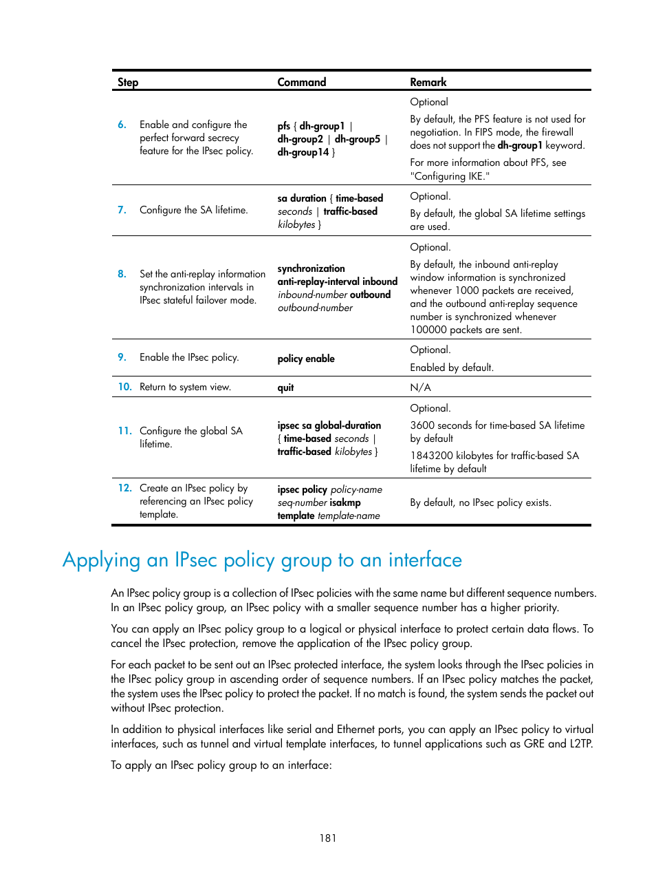 Applying an ipsec policy group to an interface | H3C Technologies H3C SecPath F1000-E User Manual | Page 193 / 490