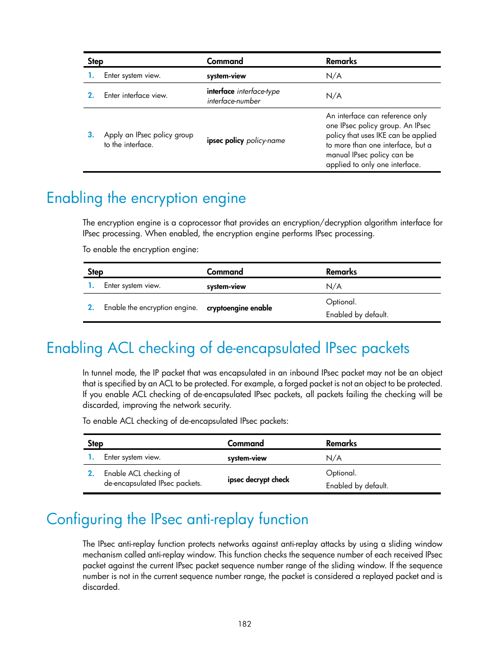 Enabling the encryption engine, Configuring the ipsec anti-replay function | H3C Technologies H3C SecPath F1000-E User Manual | Page 194 / 490