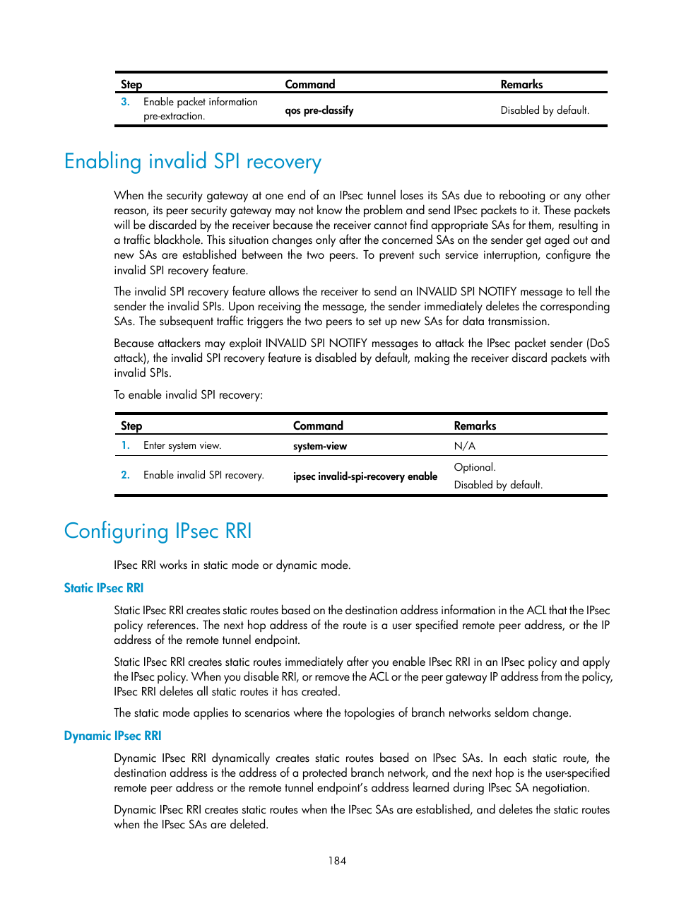 Enabling invalid spi recovery, Configuring ipsec rri, Static ipsec rri | Dynamic ipsec rri | H3C Technologies H3C SecPath F1000-E User Manual | Page 196 / 490