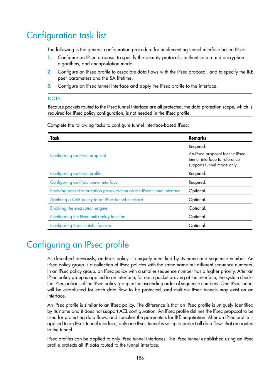 Configuration task list, Configuring an ipsec profile | H3C Technologies H3C SecPath F1000-E User Manual | Page 198 / 490