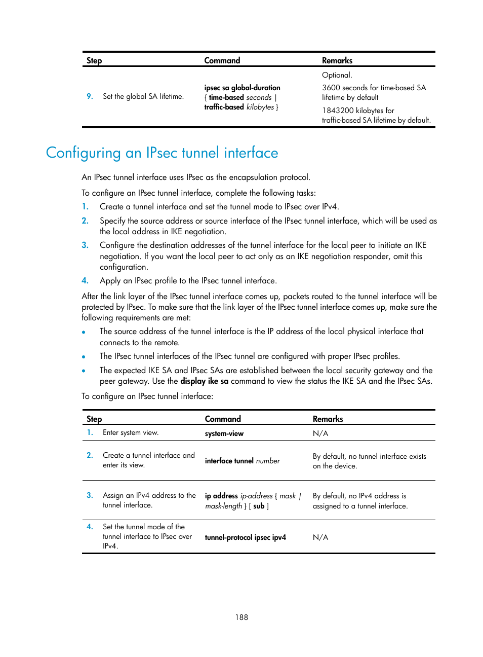 Configuring an ipsec tunnel interface | H3C Technologies H3C SecPath F1000-E User Manual | Page 200 / 490