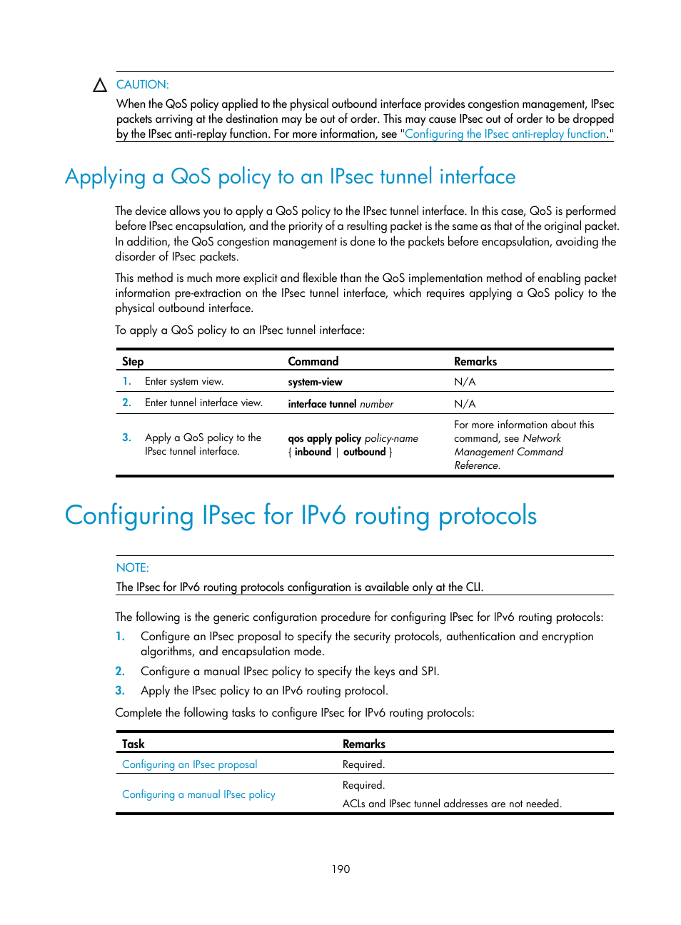 Applying a qos policy to an ipsec tunnel interface, Configuring ipsec for ipv6 routing protocols | H3C Technologies H3C SecPath F1000-E User Manual | Page 202 / 490