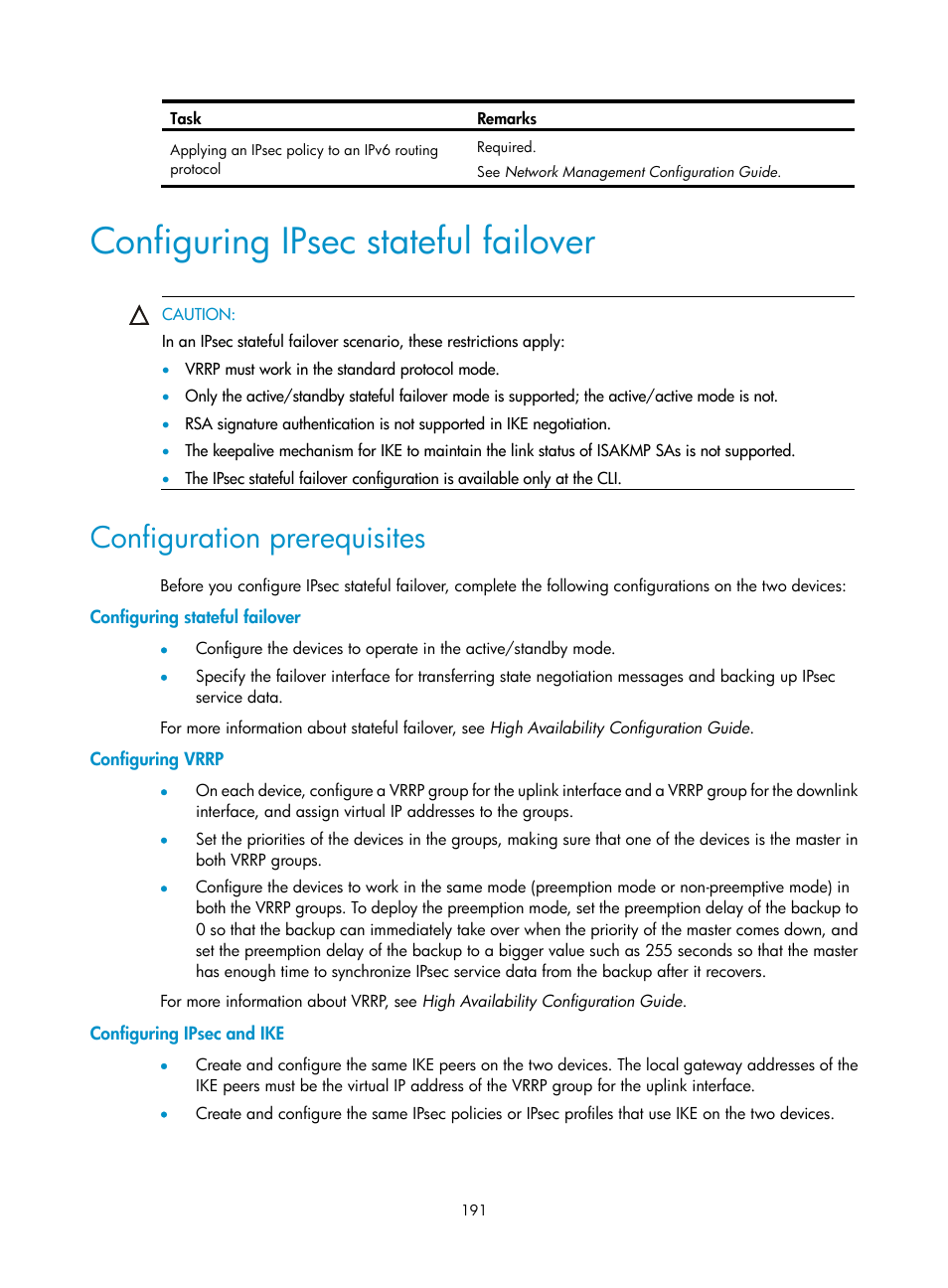 Configuring ipsec stateful failover, Configuration prerequisites, Configuring stateful failover | Configuring vrrp, Configuring ipsec and ike | H3C Technologies H3C SecPath F1000-E User Manual | Page 203 / 490