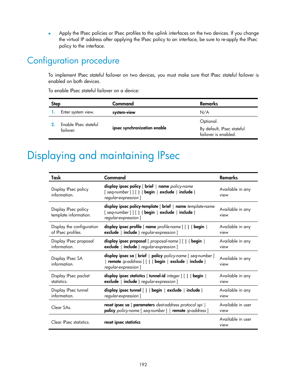 Configuration procedure, Displaying and maintaining ipsec | H3C Technologies H3C SecPath F1000-E User Manual | Page 204 / 490