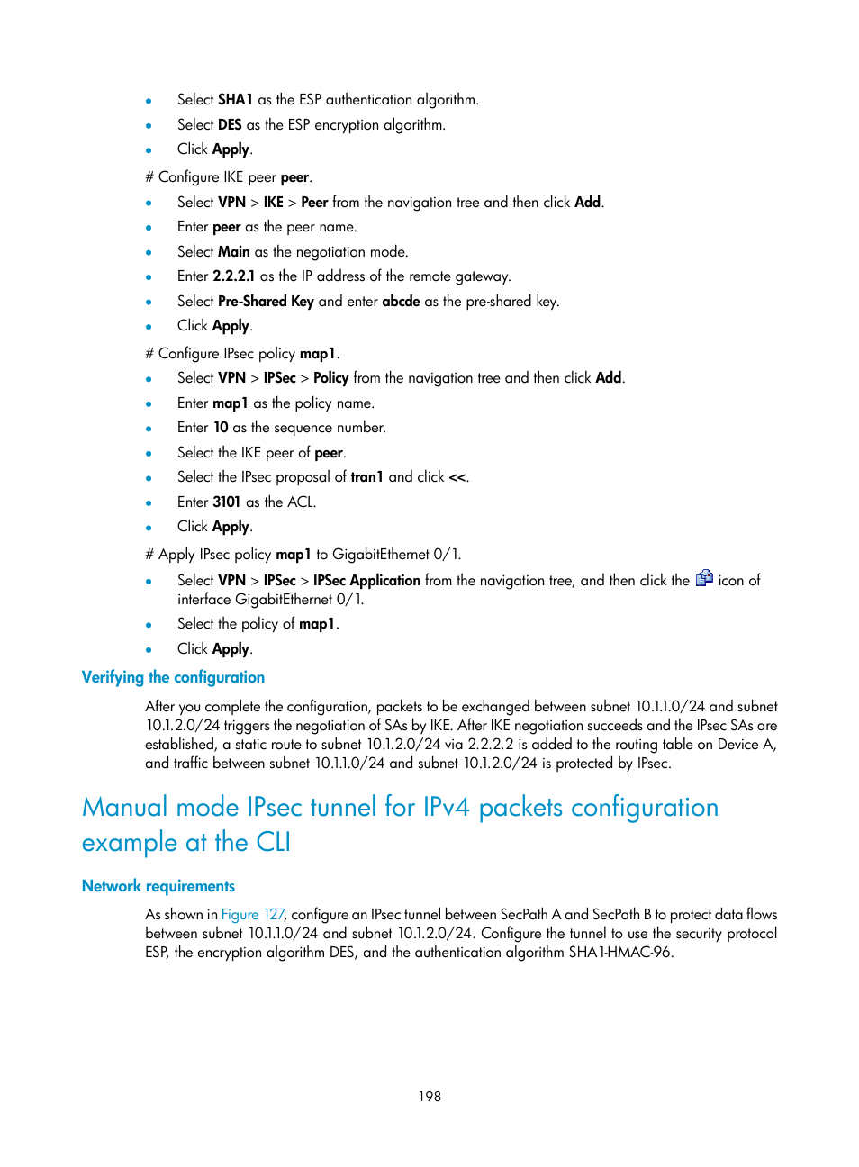 Verifying the configuration, Network requirements | H3C Technologies H3C SecPath F1000-E User Manual | Page 210 / 490