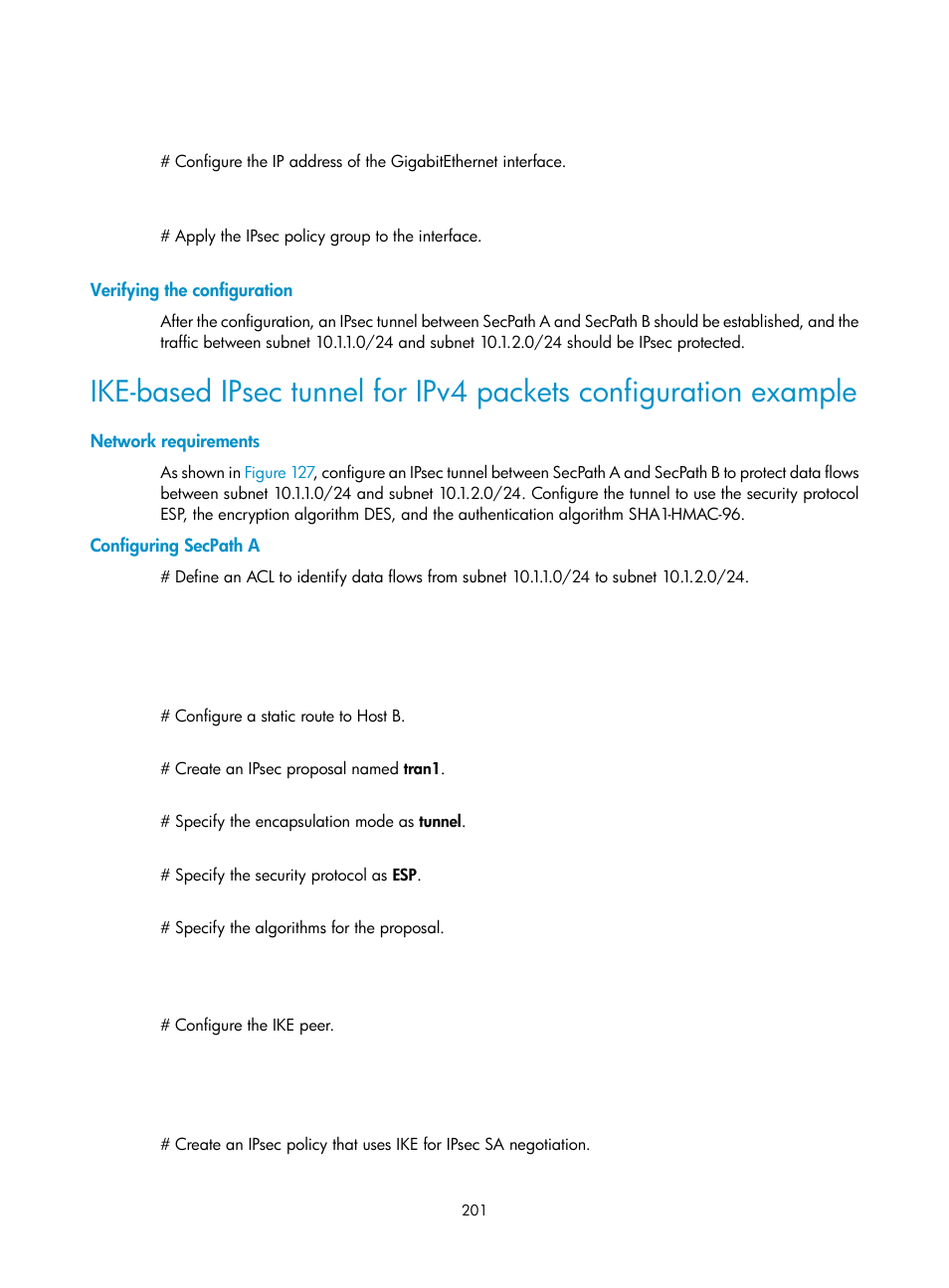 Verifying the configuration, Network requirements, Configuring secpath a | H3C Technologies H3C SecPath F1000-E User Manual | Page 213 / 490