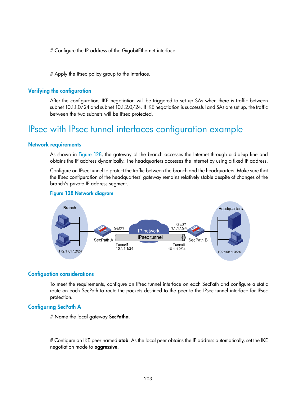 Verifying the configuration, Network requirements, Configuation considerations | Configuring secpath a | H3C Technologies H3C SecPath F1000-E User Manual | Page 215 / 490