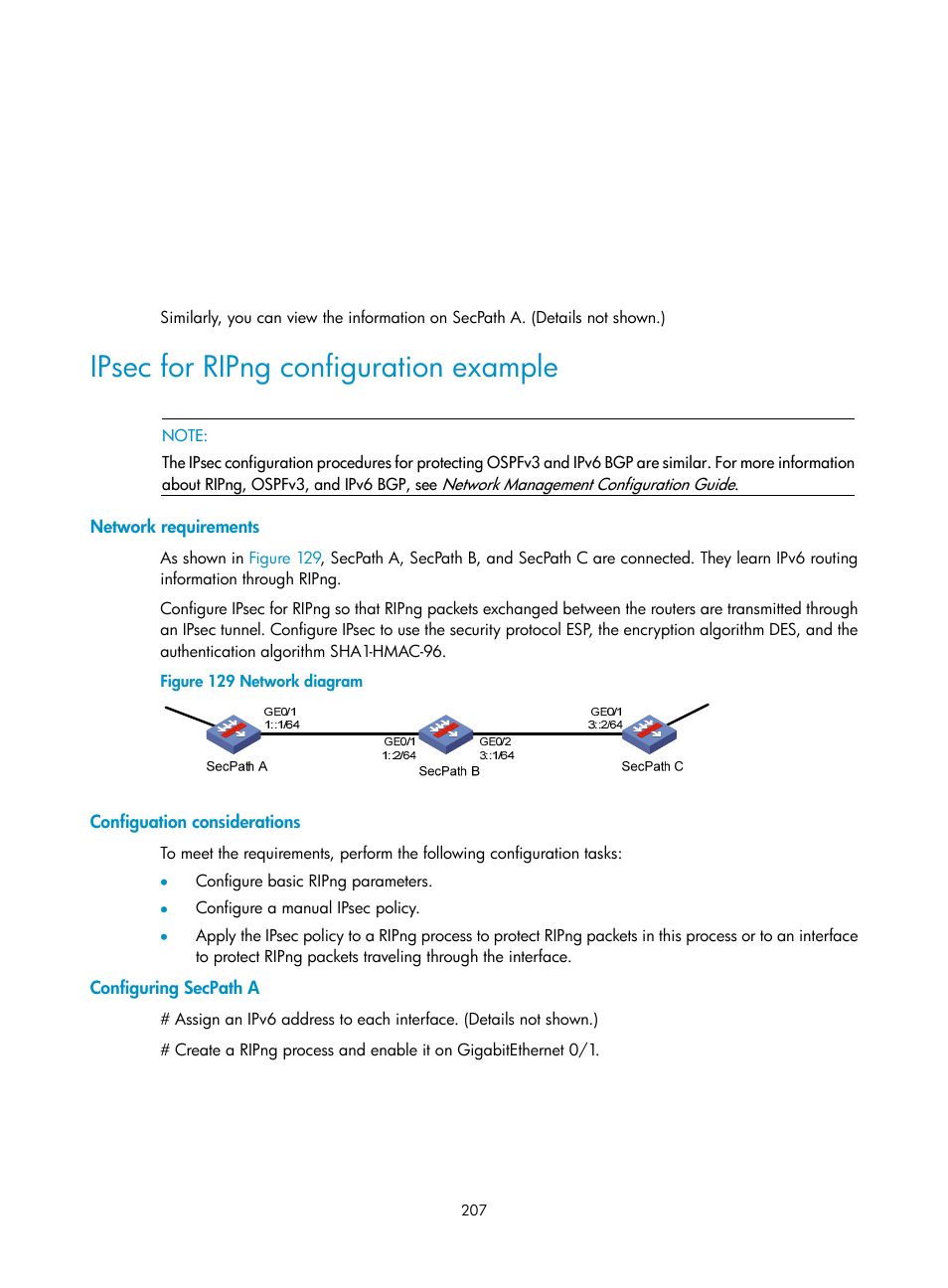 Ipsec for ripng configuration example, Network requirements, Configuation considerations | Configuring secpath a | H3C Technologies H3C SecPath F1000-E User Manual | Page 219 / 490