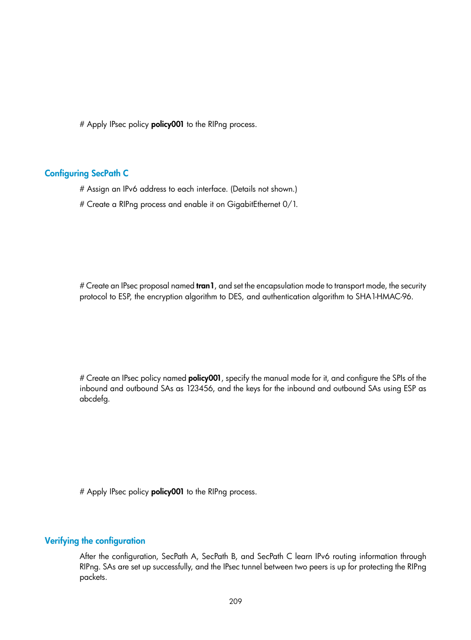 Configuring secpath c, Verifying the configuration | H3C Technologies H3C SecPath F1000-E User Manual | Page 221 / 490