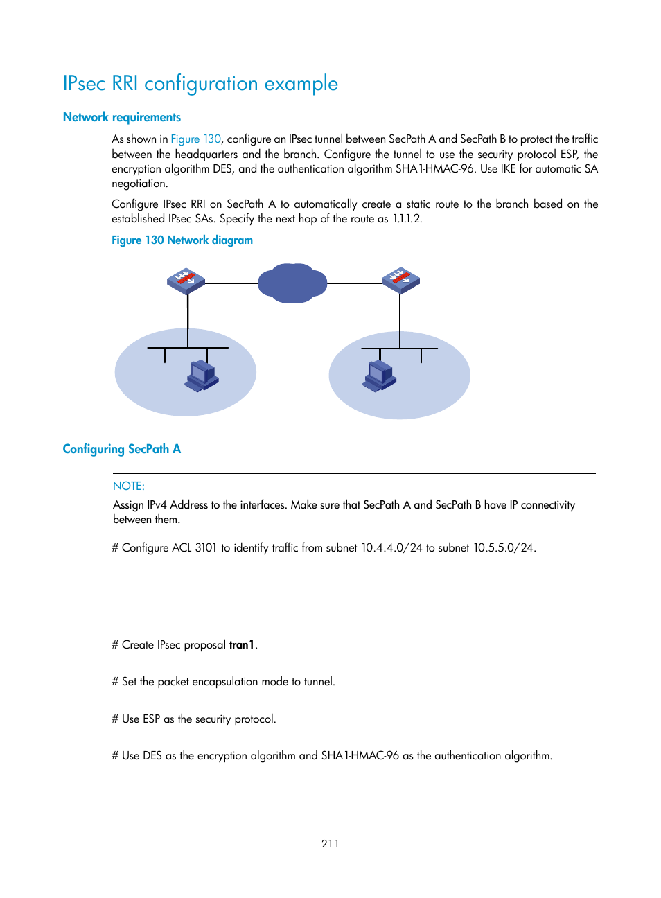 Ipsec rri configuration example, Network requirements, Configuring secpath a | H3C Technologies H3C SecPath F1000-E User Manual | Page 223 / 490