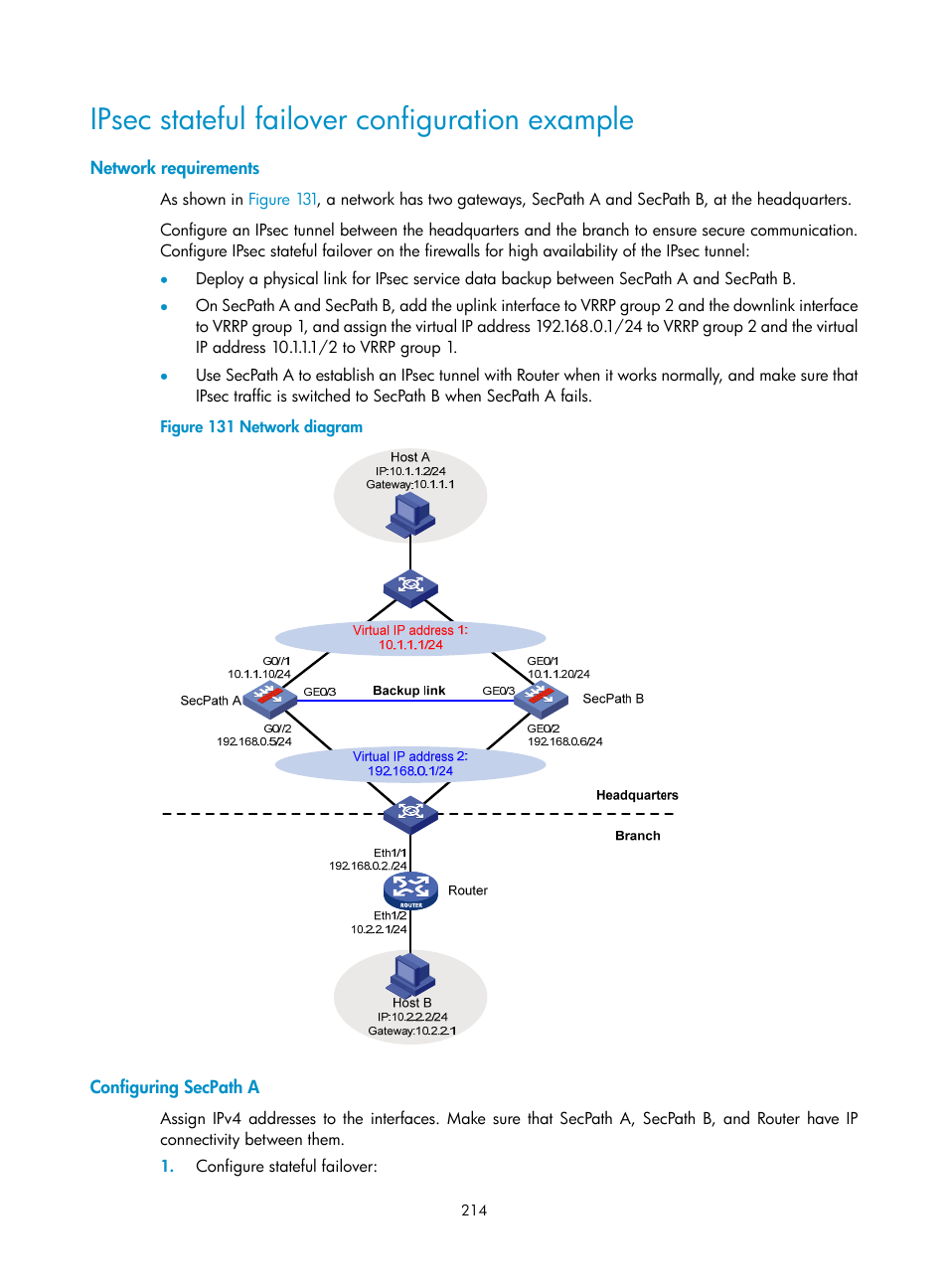 Ipsec stateful failover configuration example, Network requirements, Configuring secpath a | H3C Technologies H3C SecPath F1000-E User Manual | Page 226 / 490
