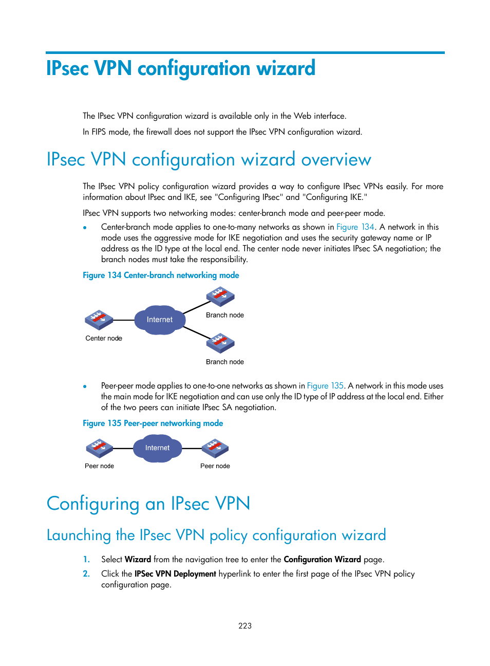 Ipsec vpn configuration wizard, Ipsec vpn configuration wizard overview, Configuring an ipsec vpn | H3C Technologies H3C SecPath F1000-E User Manual | Page 235 / 490