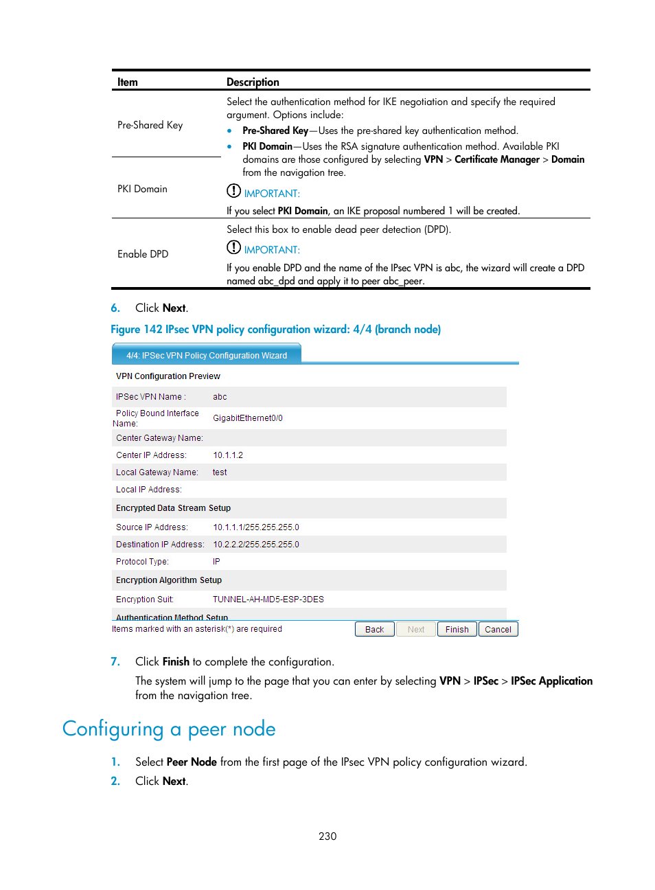 Configuring a peer node | H3C Technologies H3C SecPath F1000-E User Manual | Page 242 / 490