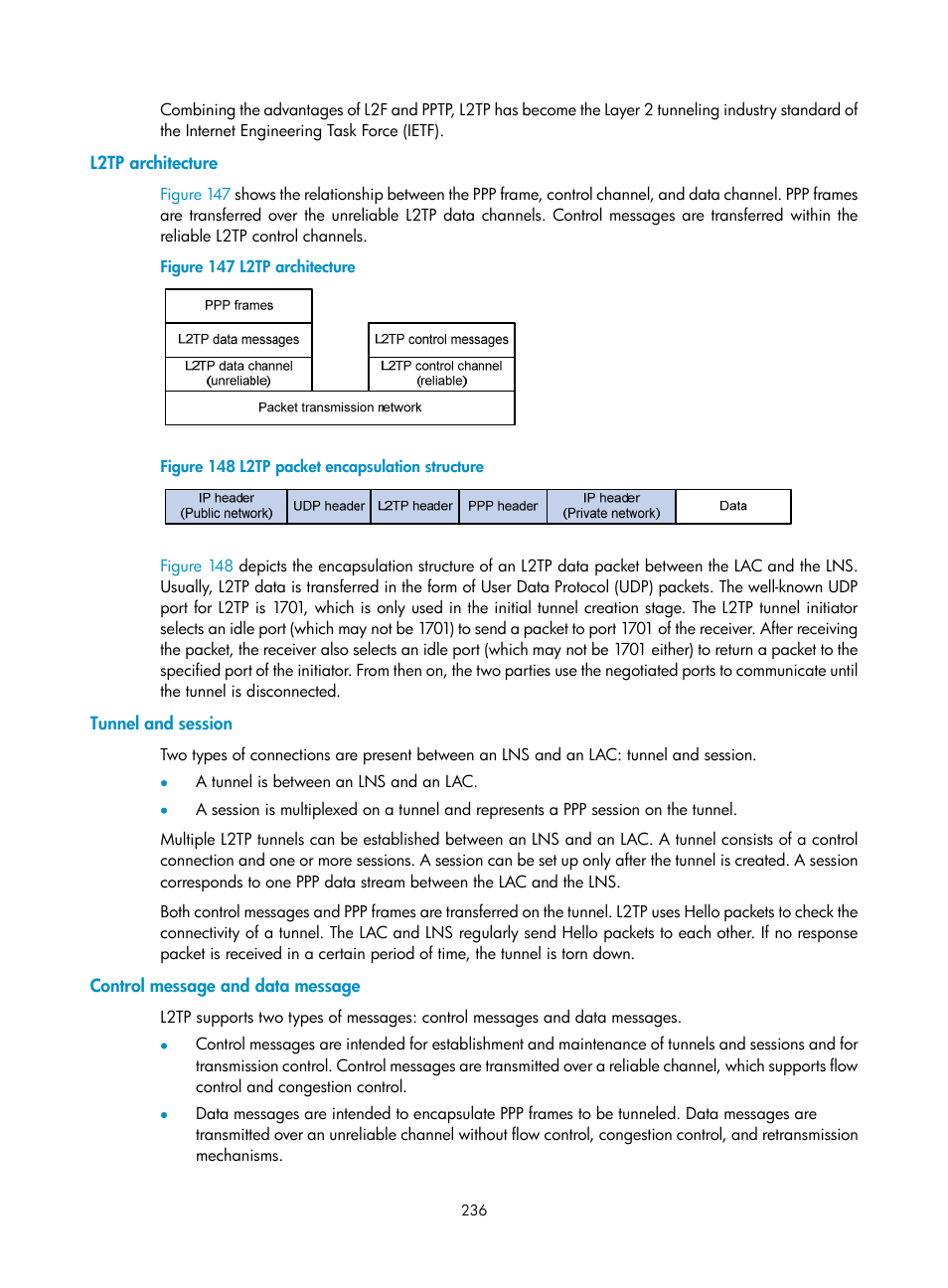 L2tp architecture, Tunnel and session, Control message and data message | H3C Technologies H3C SecPath F1000-E User Manual | Page 248 / 490