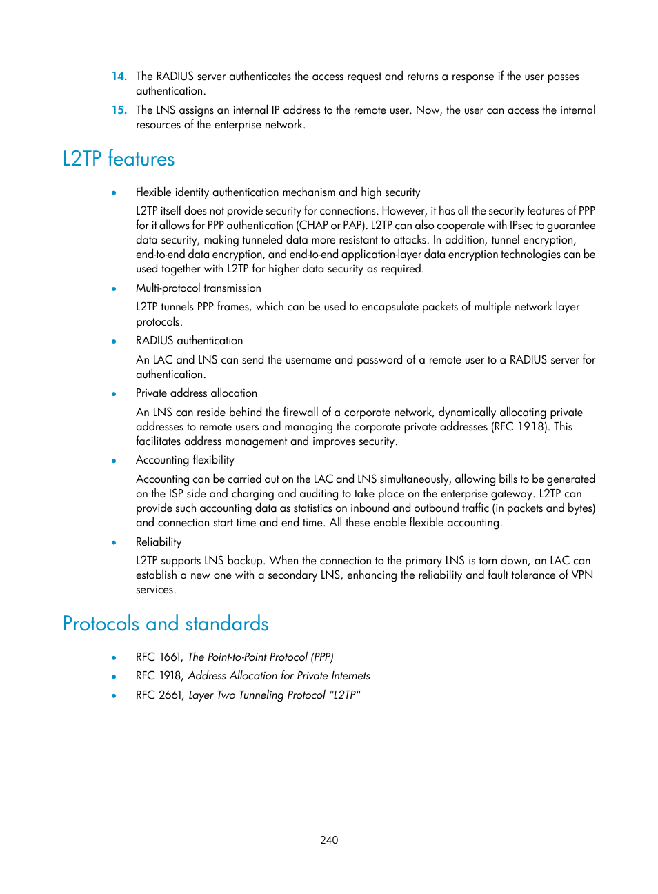 L2tp features, Protocols and standards | H3C Technologies H3C SecPath F1000-E User Manual | Page 252 / 490