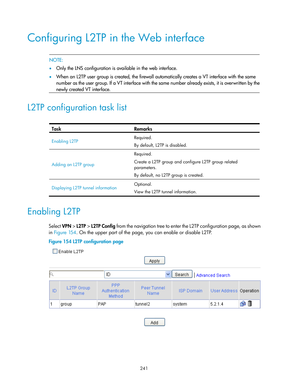 Configuring l2tp in the web interface, L2tp configuration task list, Enabling l2tp | H3C Technologies H3C SecPath F1000-E User Manual | Page 253 / 490