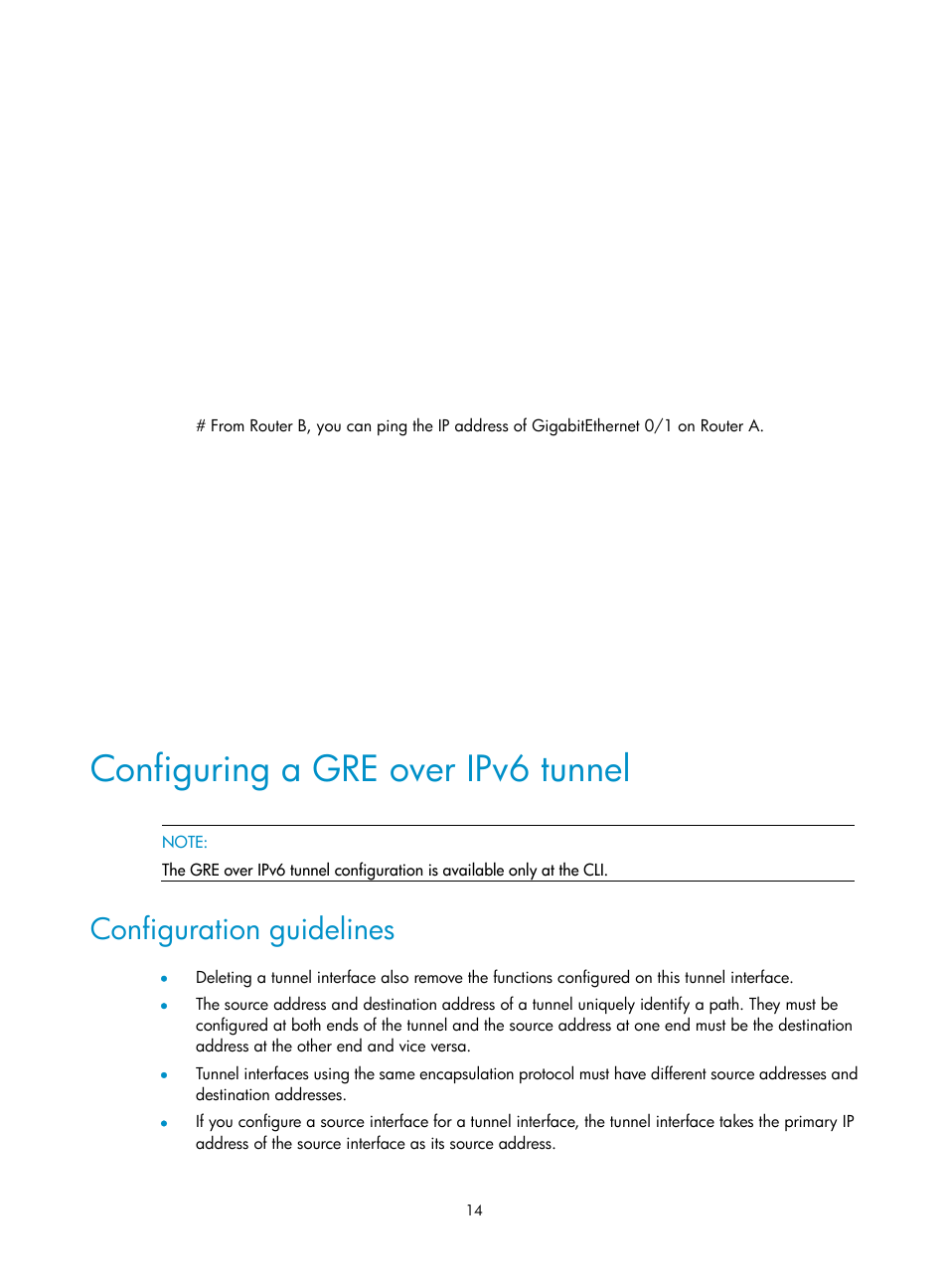 Configuring a gre over ipv6 tunnel, Configuration guidelines | H3C Technologies H3C SecPath F1000-E User Manual | Page 26 / 490